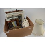 BOX CONTAINING PICTURES, SOME PRINTS, EMBROIDERY AND TABLE LAMP AND SHADE