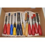 BOX CONTAINING WOODWORKING TOOLS, MAINLY CHISELS