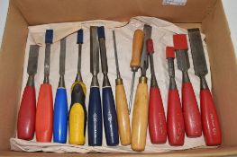 BOX CONTAINING WOODWORKING TOOLS, MAINLY CHISELS