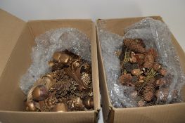 TWO BOXES OF CHRISTMAS DECORATIONS, MAINLY FIR CONES