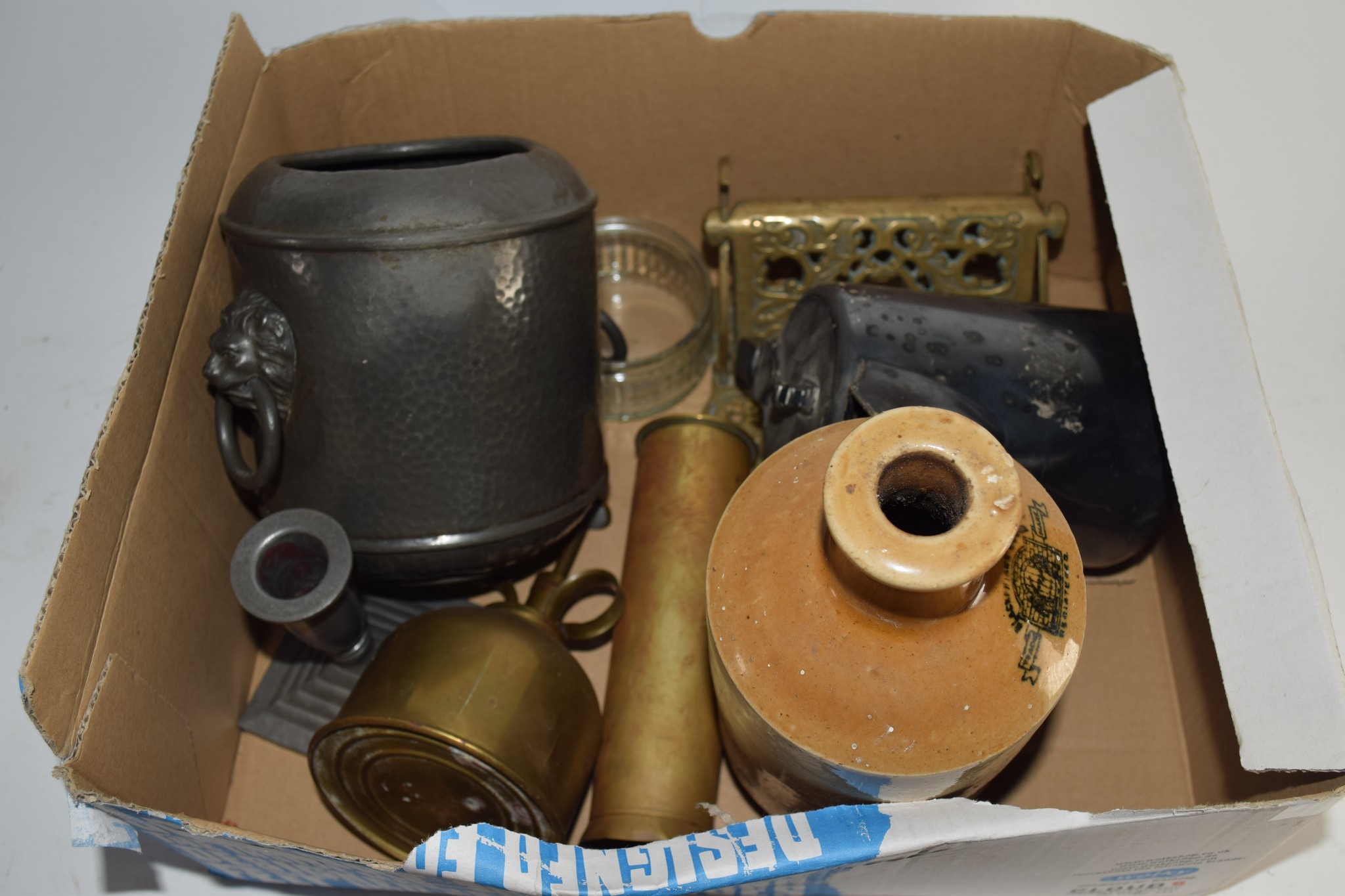 TRAY CONTAINING METAL WARES INCLUDING A PEWTER JUG AND COVER AND A STONE BOTTLE