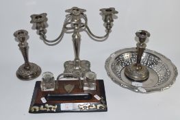 DESK SET COMPRISING TWO GLASS INKWELLS SET INTO WOODEN MOUNTS WITH METAL DECORATION, PLUS A PAIR