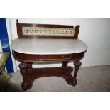 19TH CENTURY TILE BACK MARBLE TOP WASH STAND WITH ORNATELY CARVED LEGS, WIDTH APPROX 123CM MAX