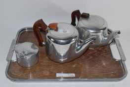 TRAY CONTAINING PICQUOT WARE TEA POT, FURTHER TEA POT AND SUGAR BOWL