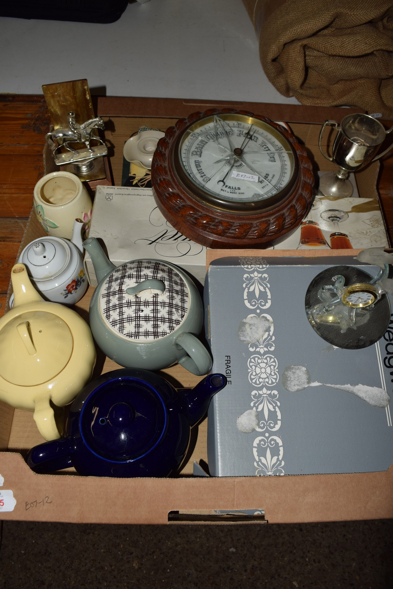 TRAY CONTAINING CERAMIC TEA POTS, A BAROMETER IN WOODEN FRAME, A HORSE SHOW AWARD ETC
