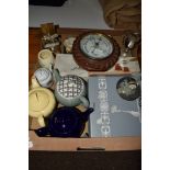 TRAY CONTAINING CERAMIC TEA POTS, A BAROMETER IN WOODEN FRAME, A HORSE SHOW AWARD ETC