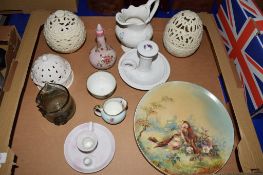 TRAY CONTAINING CERAMIC WARES INCLUDING TWO TAPER STICKS, WALL PLATE MODELLED WITH BIRDS ETC