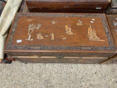 EASTERN HARDWOOD CARVED STORAGE CHEST DEPICTING BOATS AND FIGURES, APPROX 94 X 45CM