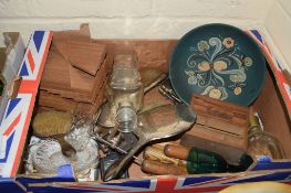 BOX CONTAINING CERAMICS AND GLASS WARES, PLATED MIRROR WITH CHASED DECORATION