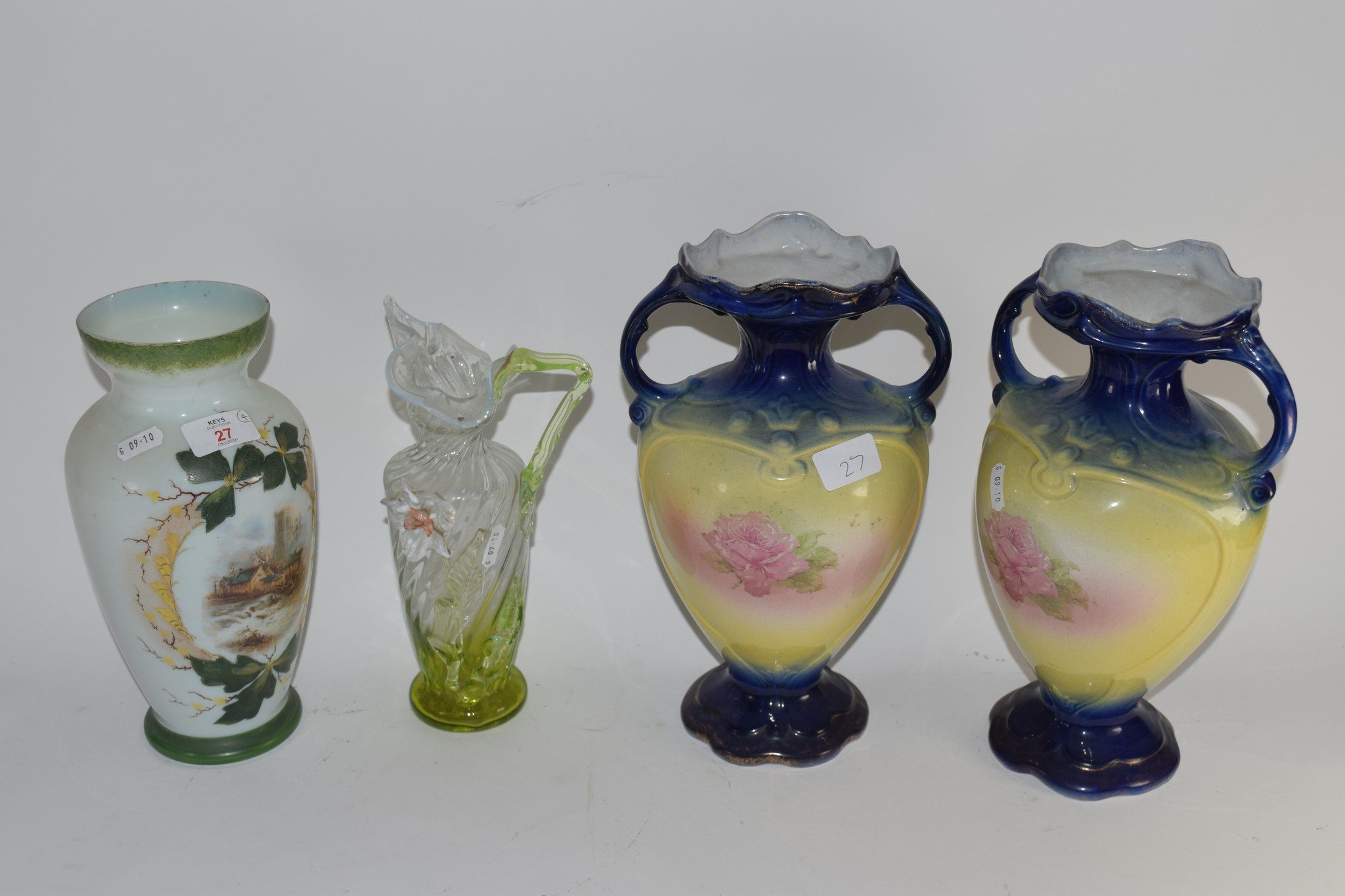 PAIR OF VASES AND GLASS VASE WITH PAINTED DECORATION