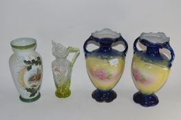 PAIR OF VASES AND GLASS VASE WITH PAINTED DECORATION