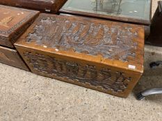 EASTERN HARDWOOD CARVED STORAGE CHEST DEPICTING BOATS AND FIGURES, APPROX 94 X 45CM