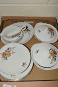 BOX CONTAINING MYOTTS CHINA LYKE DINNER WARES COMPRISING TWO TUREENS, DINNER PLATES, SIDE PLATES,