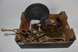 BOX CONTAINING METAL WARES, BRASS STRAINER, BRASS VASE, PEWTER PLATE ETC