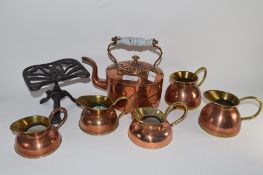 TRAY CONTAINING COPPER WARES INCLUDING KETTLE WITH CERAMIC HANDLE (A/F), FIVE JUGS