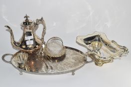 TRAY CONTAINING SILVER PLATED WARES INCLUDING COFFEE POT AND SERVING DISHES ETC