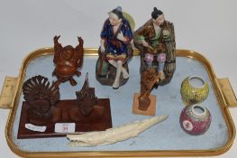 TRAY CONTAINING ORIENTAL ITEMS INCLUDING TWO FIGURES, TWO SMALL VASES ETC