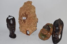 WOODEN CARVINGS OF AFRICAN HEADS ETC