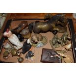 TRAY CONTAINING CERAMIC AND METAL ITEMS, MAINLY HORSES, INCLUDING BESWICK MODEL OF HORSES AND