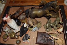 TRAY CONTAINING CERAMIC AND METAL ITEMS, MAINLY HORSES, INCLUDING BESWICK MODEL OF HORSES AND
