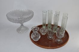 TRAY CONTAINING GLASS WARES INCLUDING A GLASS TAZZA AND GLASS CORDIALS