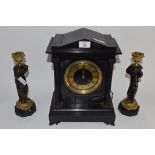 SLATE MANTEL CLOCK WITH GOLD DIAL AND TWO REEDED COLUMNS, TOGETHER WITH A PAIR OF CANDLESTICKS