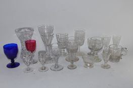 TRAY WITH VARIOUS GLASSES INCLUDING A CUT GLASS VASE, LARGE AIR TWIST GLASS, SOME ENGRAVED ETC