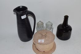 POTTERY JAR AND COVER AND OTHER GLASS AND JARS, TOGETHER WITH OLD GREEN GLASS WINE BOTTLE