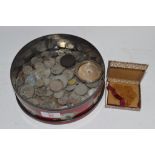 TIN BOX CONTAINING COINS, MAINLY BRITISH