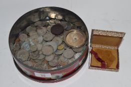 TIN BOX CONTAINING COINS, MAINLY BRITISH