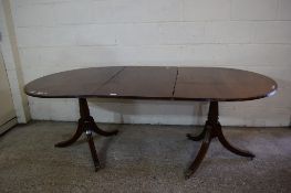 MAHOGANY EFFECT REPRODUCTION TWIN PEDESTAL D-END DINING TABLE, APPROX 100CM X 150CM MAX, TOGETHER