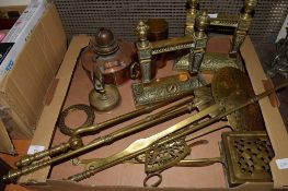 BOX CONTAINING BRASS AND COPPER WARES INCLUDING FIRESIDE IMPLEMENTS, COPPER RESERVOIR FOR LAMP,