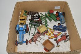 BOX CONTAINING OLD METAL TOYS INCLUDING TRACTORS AND DINKY BEDFORD LORRY