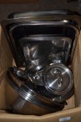 BOX CONTAINING CATERING MIXING BOWLS ETC