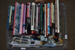 BOX CONTAINING HARDBACK BOOKS OF LOCOMOTIVE INTEREST AND SIMILAR RELATED POSTCARDS