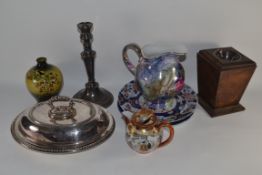 BOX CONTAINING CERAMICS INCLUDING SILVER PLATED DISH AND COVER, CANDLESTICK ETC