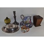 BOX CONTAINING CERAMICS INCLUDING SILVER PLATED DISH AND COVER, CANDLESTICK ETC