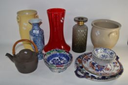 MIXED CERAMICS TO INCLUDE TWO VASES, TEA POT ETC