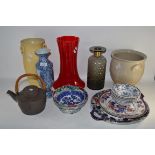 MIXED CERAMICS TO INCLUDE TWO VASES, TEA POT ETC