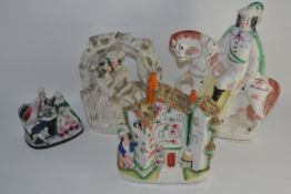 GROUP OF FOUR STAFFORDSHIRE STYLE FIGURES TO INCLUDE GENT ON A HORSE ETC