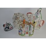 GROUP OF FOUR STAFFORDSHIRE STYLE FIGURES TO INCLUDE GENT ON A HORSE ETC