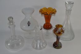 BOX CONTAINING GLASS WARES TO INCLUDE TWO DECANTERS AND VASES