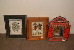 TWO TRIBAL FRAMED PRINTS TOGETHER WITH A PAINTED WOODEN FOLD-OUT MIRROR