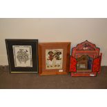 TWO TRIBAL FRAMED PRINTS TOGETHER WITH A PAINTED WOODEN FOLD-OUT MIRROR