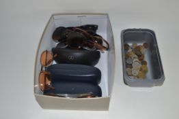 SMALL QUANTITY OF COINS AND SUNGLASSES (SOME IN CASES)