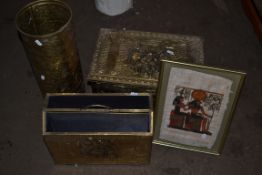 TRAY CONTAINING 20TH CENTURY BRASS MAGAZINE HOLDER, UMBRELLA STAND AND STORAGE BOX TOGETHER WITH