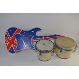 MODERN NOVELTY PLASTIC CLOCK GUITAR TOGETHER WITH BONGOS