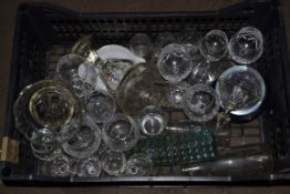 TRAY CONTAINING CUT GLASS WARES INCLUDING WHISKY GLASSES ETC