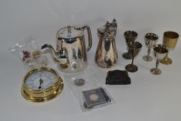 QUANTITY OF SILVER PLATED ITEMS TO INCLUDE A WALKER & HALL COFFEE POT, TOGETHER WITH COINS,