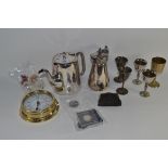 QUANTITY OF SILVER PLATED ITEMS TO INCLUDE A WALKER & HALL COFFEE POT, TOGETHER WITH COINS,